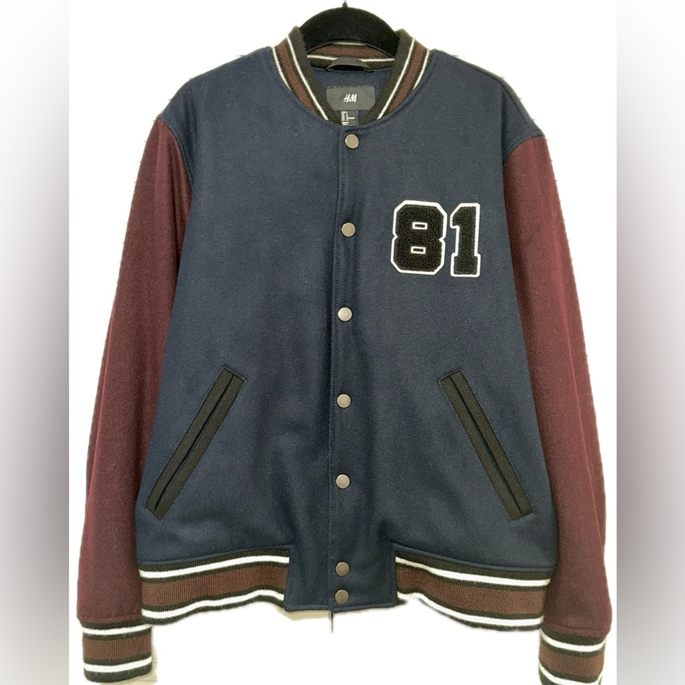 H&M Man Wool Merlot/Navy Baseball Bomber Jacket with White patchwork